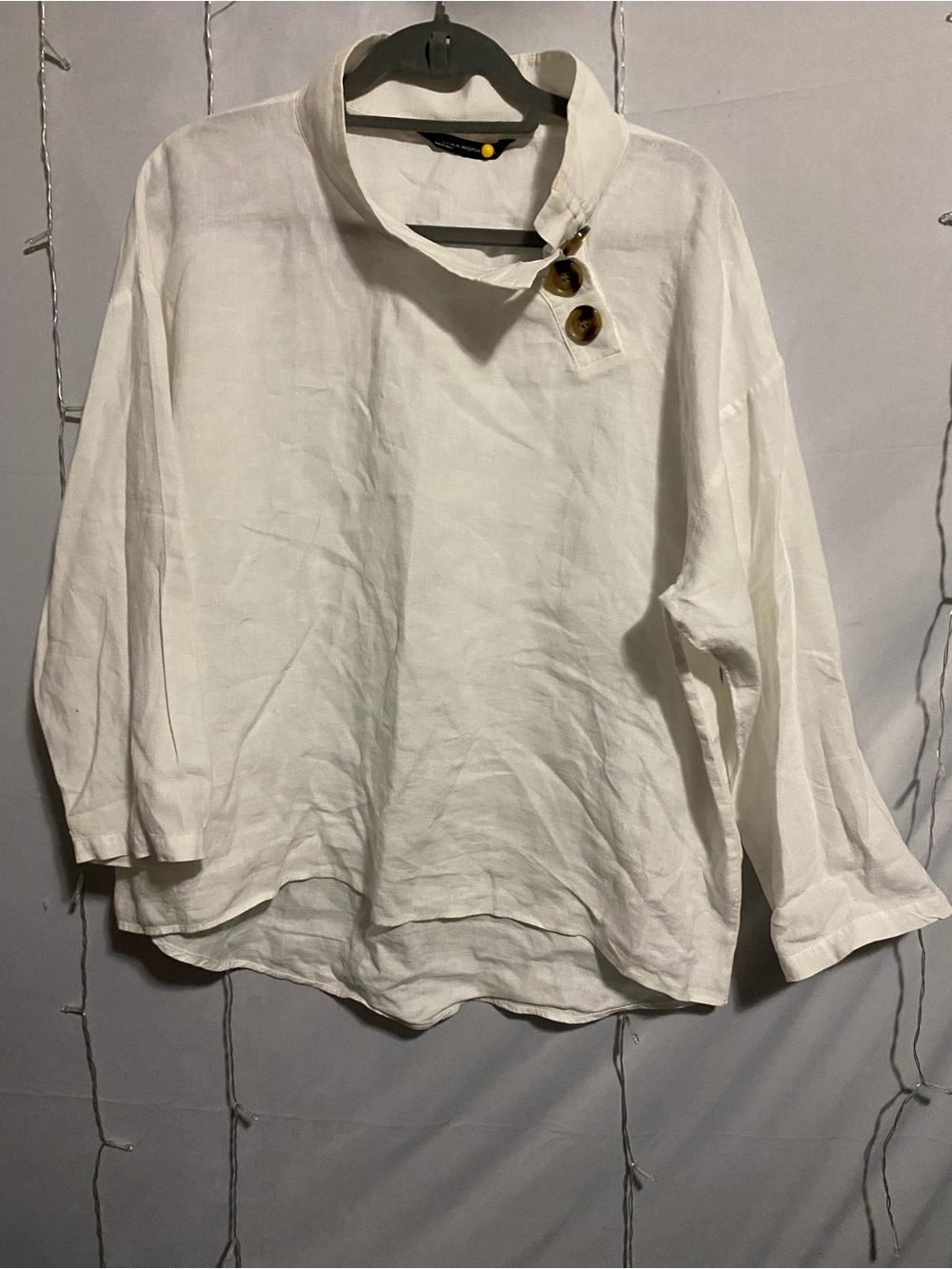 Womens White Linen Button-Neck Long Sleeve Top